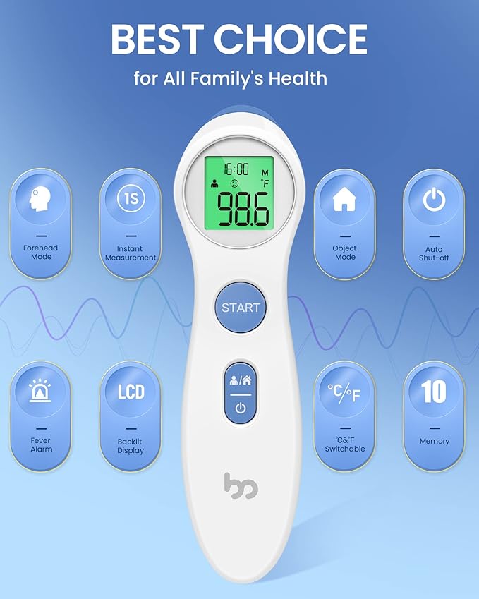 Forehead Thermometer for Adults and Kids, Digital Touchless Thermometer for Baby, Infants and Toddlers, 3 Color Fever Alarm, 1s Fast Accurate Reading, Non Contact