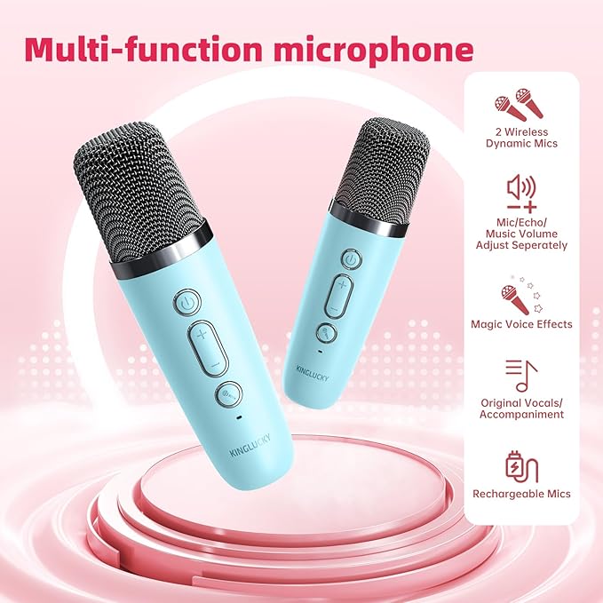 Kinglucky Mini Karaoke Machine for Kids, 2025 TOP Birthday Gifts Ideas for 3-12 Year Old Girls, Christmas Party Gifts Kids' Personal Video Players Accessories with 2 Wireless Microphones - Blue