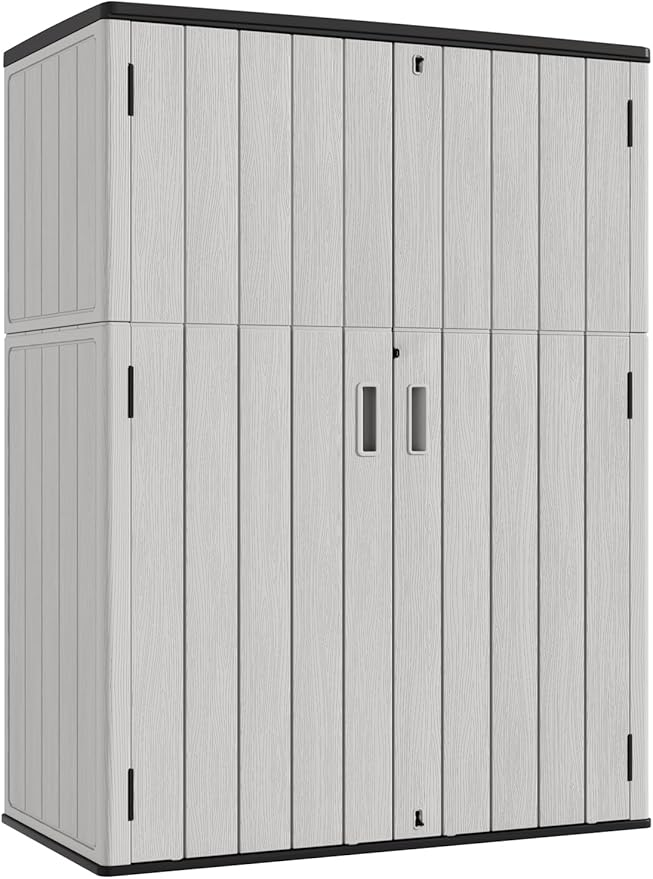 KINYING Outdoor Vertical Storage Shed,57 Cu.ft Outdoor Storage Cabinet Waterproof,Resin Sheds & Outdoor Storage Clearance for Garden,Patio,Backyard,Lockable (Grey)