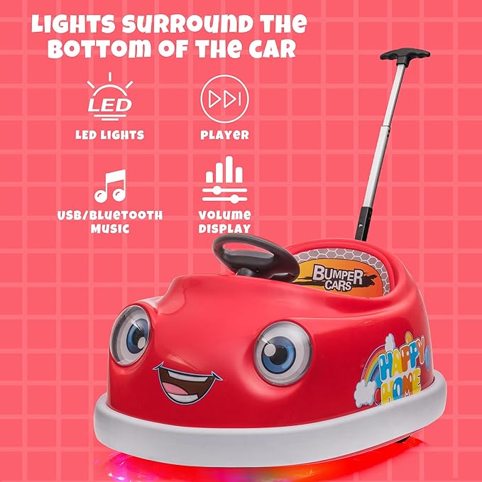 12V Dual Battery Electric Ride on Kids Bumper Car w/Remote Control,360 Degree Spin,Push Rod Rocker Horse Function,3-Speeds Babies & Toddlers Bumping Car Ride on Toy Gift for 1-4 Years Children (Red)