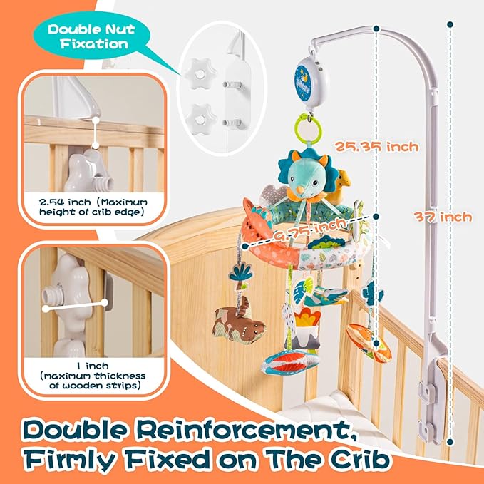 Jollybaby Nursery Baby Automatic Rotating Dinosaur Crib Mobile with Music Box & Arm, Montessori Sensory Musical Hanging Toy for Bassinet, Newborn Clip on Crib Mobile Soother Toy Gift, Polyester