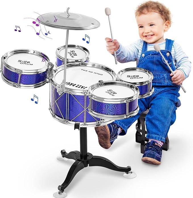 Tinylife Kids Drum Set, Jazz Drum Kit 5 Drums with Cymbals, Sticks, Throne for Toddlers Little Rockstar Toy for Baby Boys Girls Gifts (Navy)