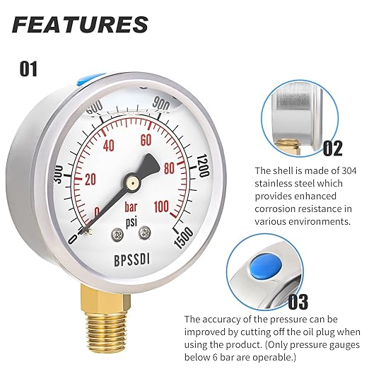 0-1500 Psi Glycerin Liquid Filled Hydraulic Pressure Gauge, 2.5" Dial Size, 1/4" NPT Lower Mount, 304 Stainless Steel Case, for Water Oil Air Gas Pressure Test
