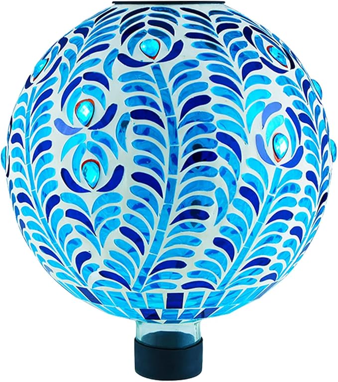 VOREEN Solar Gazing Ball, 10" Mosaic Glass Gazing Globe with Solar Light, Handmade Outdoor Yard Decor Sphere for Patio Lawn Garden, Gift for Mom Wife Friend, Peacock Feather Design (Blue)