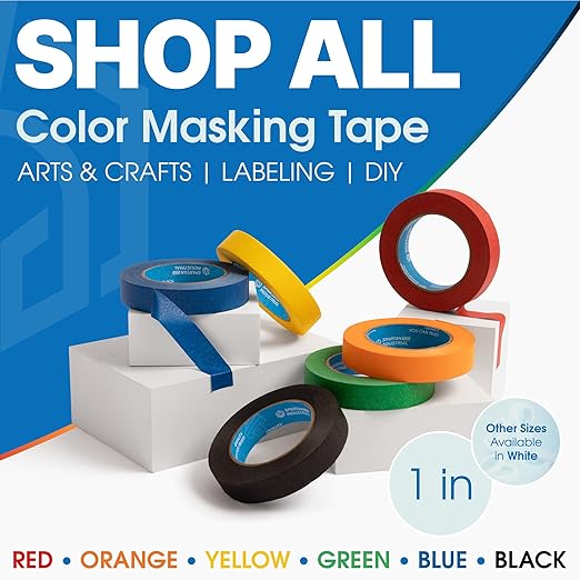 Spartan Industrial - 1" X 60 yd Black Masking Tape - 12 Colored Tape Rolls for Bundling, Labeling, and More - No Residue, 5.5 Mil