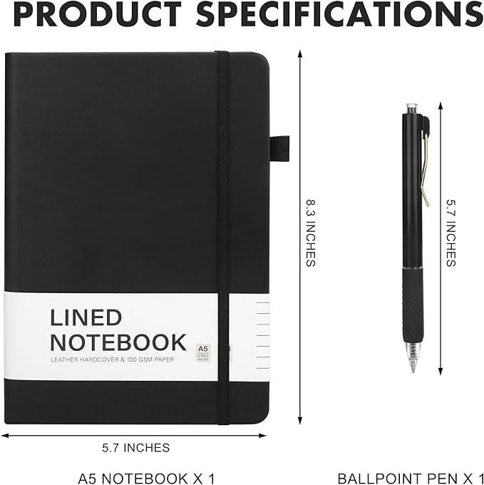 Aodaer 1 Set Lined Notebook Journal with Pen A5 Notebooks 100 GSM College Ruled Hardcover Notebook PU Leather Notepad with Pen Holder for Office School, 5.7 x 8.3 Inches, Black