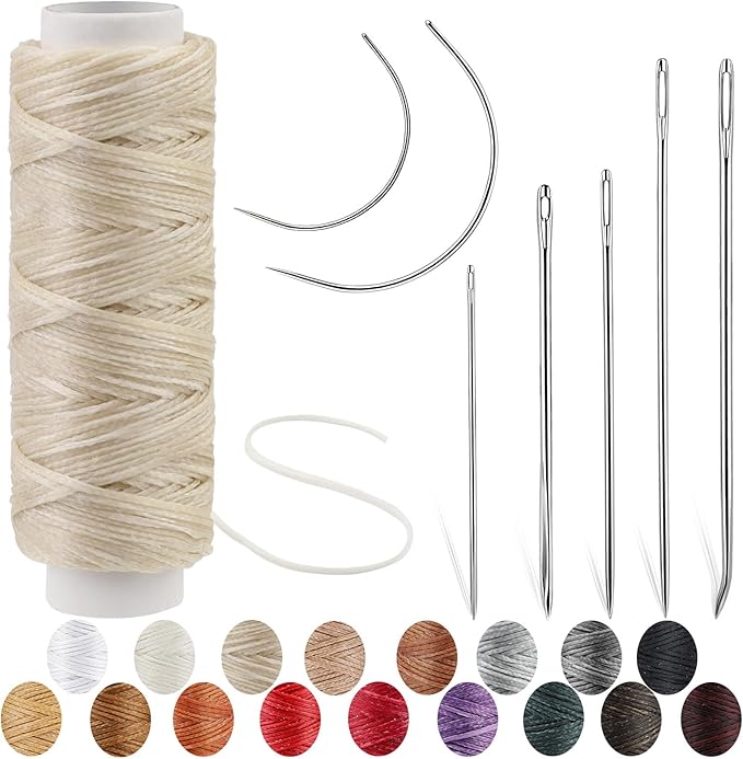 Ftyiwu Waxed Thread with Leather Hand Sewing Needles 32 Yards, 150D Flat Sewing Waxed Thread, and Leather Repair Needles for Home Upholstery Carpet Canvas Repair (Beige)