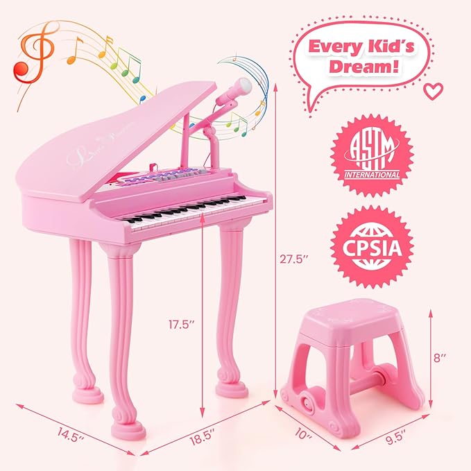 HONEY JOY Classical Kids Mini Grand Piano, 37-Key Electronic Piano with Music Stand & Stool, Portable Musical Instrument Toy for Kids (Pink, 37 Keys)