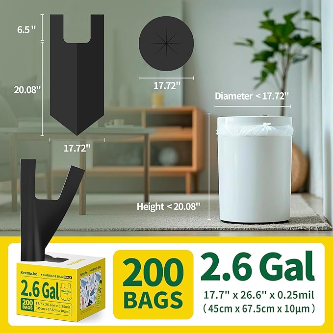 Small Trash Bags with Handles 2.6 Gallon 200 Count Black - Ocean Plastic Upcycling - Plastic Garbage Bags, Can Bin & Waste Basket Liner for Kitchen, Bathroom, Office and Pets