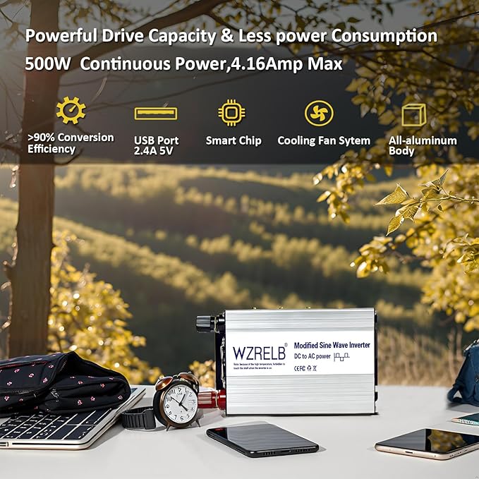 WZRELB 500W Power Inverter 12V DC to 110V 120V AC,Modified Sine Wave Car Inverter for Vehicles with LED Display,5V/2.4A USB Port,Soft Starter,Off-Grid Power Converter with High Efficiency up to 90%