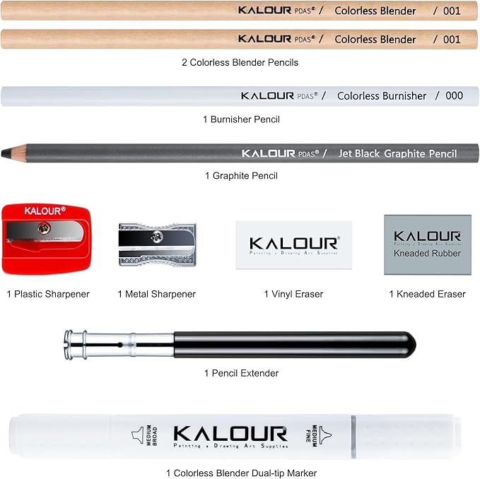 KALOUR Colored Pencil Accessory Kit,with Blenders,Erasers and Sharpener.perfect for Blending Softening Edges,ideal for Coloring Book,Art Supplies for Artists Beginners