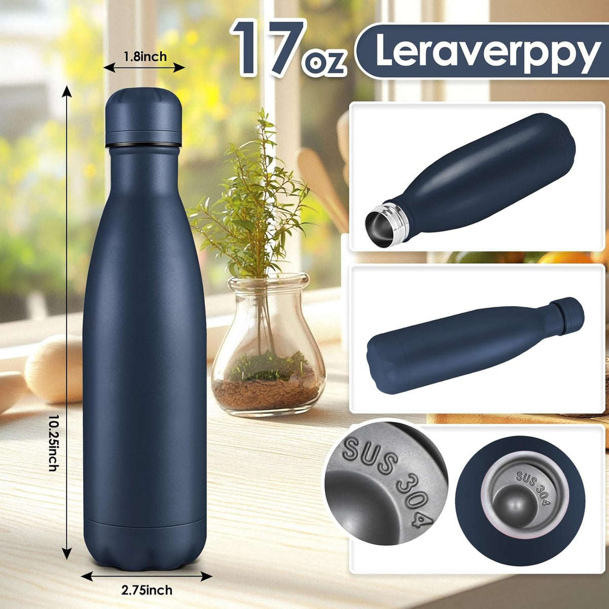 17oz Cola-Bottle Shaped Stainless Steel Leak-proof Water Bottle,Double Wall Vacuum Insulated Metal,Travel Mug For Sports Indoors & Outdoors,BPA-Free School Kids Flasks,Navy(12 Pack)