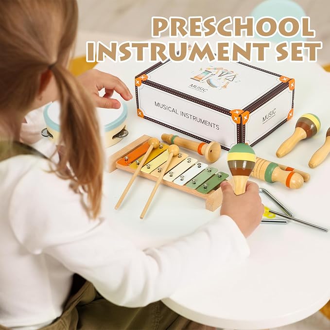 Musical Instruments Set Toys for Toddlers 1-3 - Neutral Colors Wooden Montessori Toys Percussion Music Modern Xylophone Drum Birthday Chirstmas Gifts for 1 2 3 Year Old Kids Baby Toddlers Boys Girls