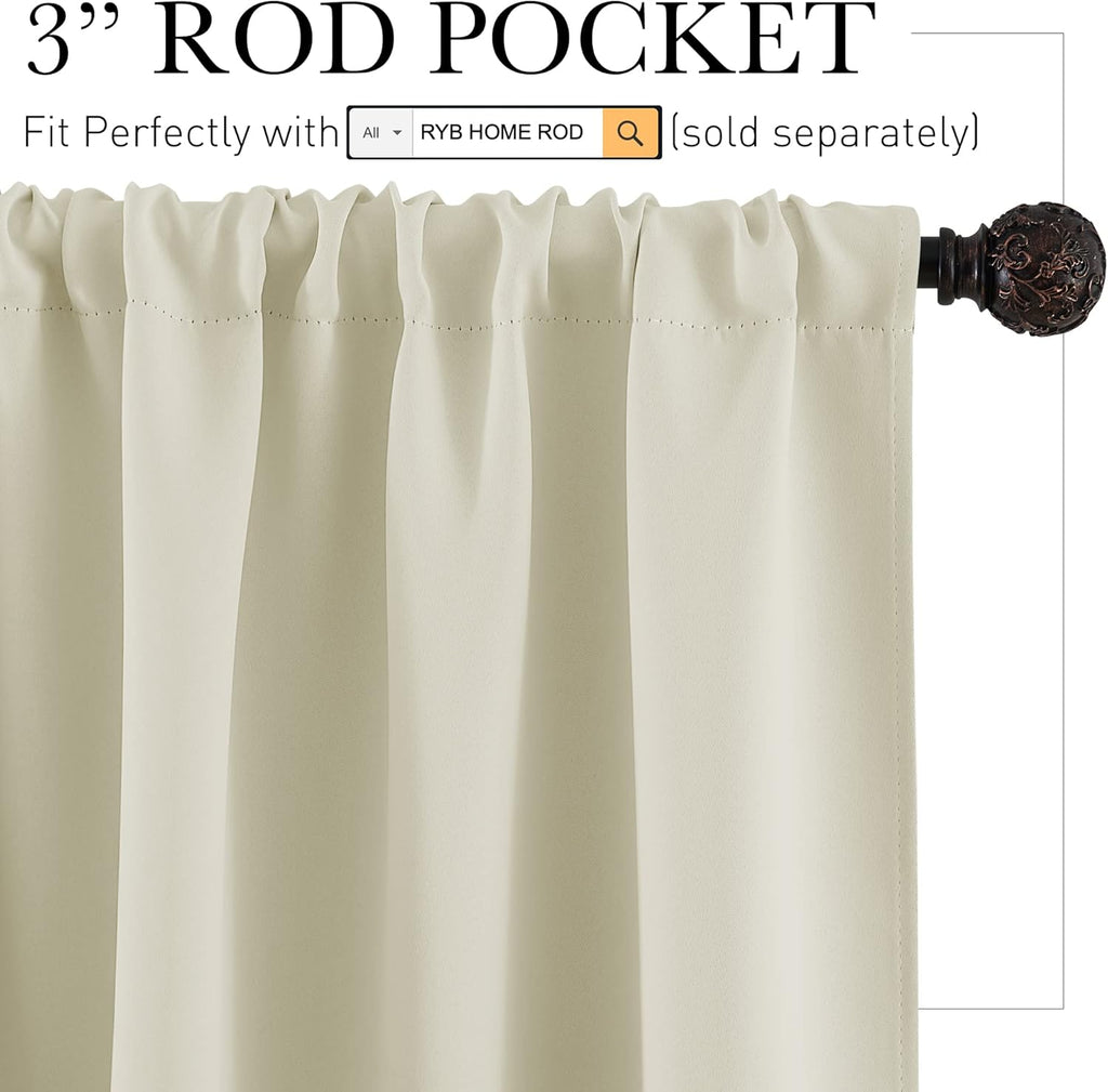 RYB HOME Beige Short Curtains Blackout, 45 inch Durable Cafe Curtains Room Darkening Window Drapes Privacy Protection for Basement Closet Kithen, W29 x L45 inch, 2 Panels