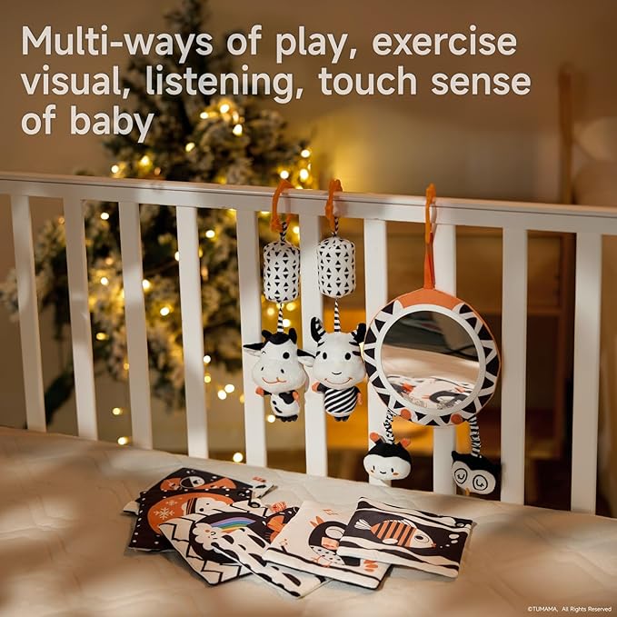 TUMAMA Black and White Baby Toys, High Contrast Tummy Time, Newborn Soft Books Mirror Rattles, Montessori Sensory 0-12 Months, Hanging Infant for Carseat Stroller Play Mat Crib