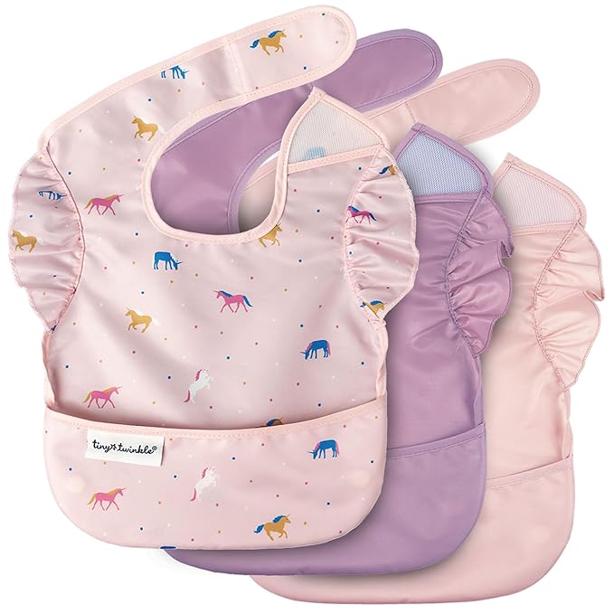 Tiny Twinkle Mess-Proof Baby Bib - Waterproof Bib for Baby Girl - Machine Washable - Adjustable Closure - PVC, BPA, & Phthalate Free - Great for Travel - Baby Food Bibs (3 Pack, Unicorn Set)