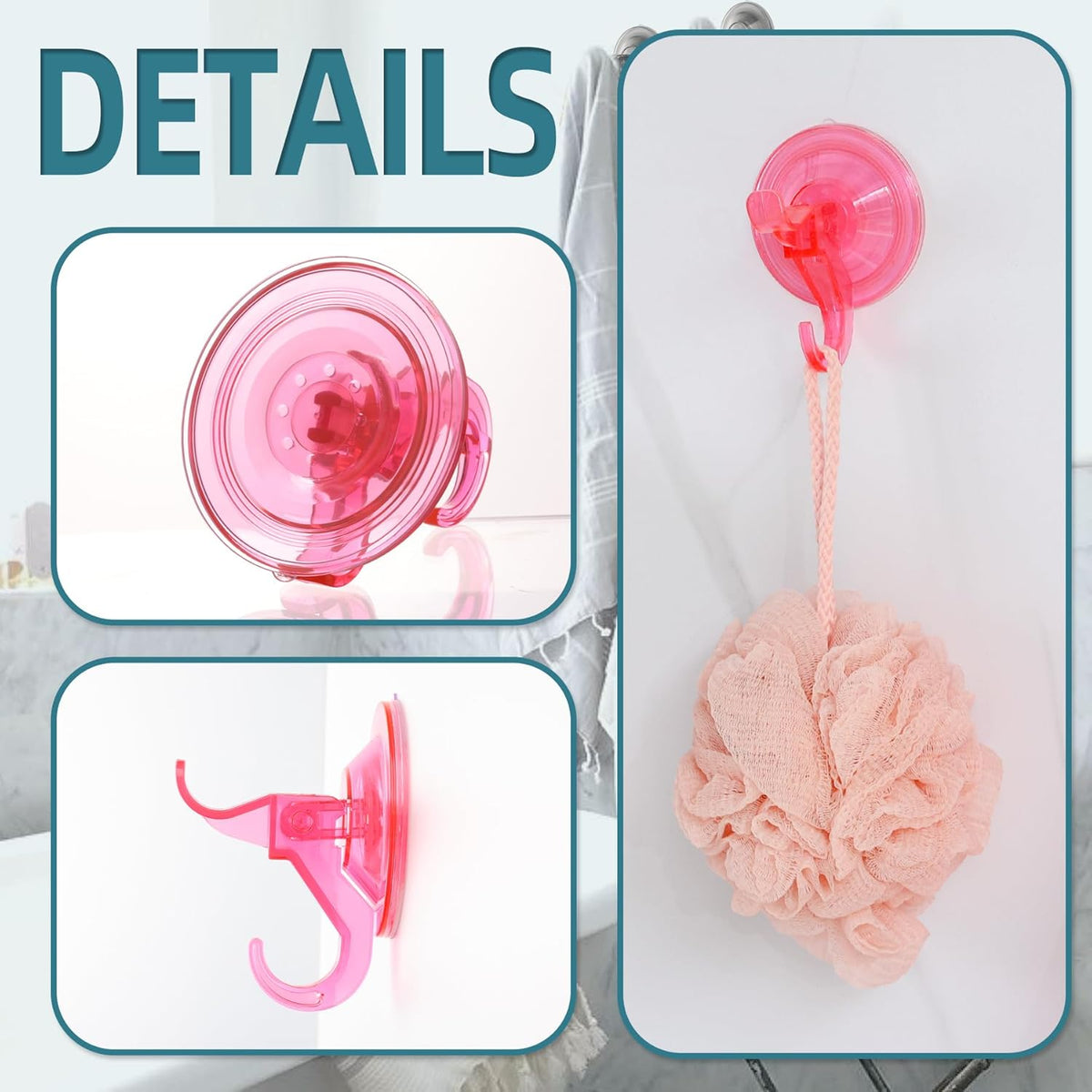 Antimbee Suction Hooks, 5 Pack Clear Hanger, Removable Small Suction Cups for Shower, Bathroom, Glass, Door, Windows, Kitchen - Up to 11 lbs on Smooth Surface - 2 Hooks Design (Transparent Pink)