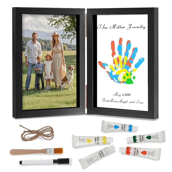 Family Handprint Kit, DIY Baby Hand and Footprint Handmade Keepsake Wooden Frame, Family Gifts with 5 Non-Toxic Baby-Safe Paint, Ideas Gift for New Parents, Grandparents, Father's Day, Mother's Day
