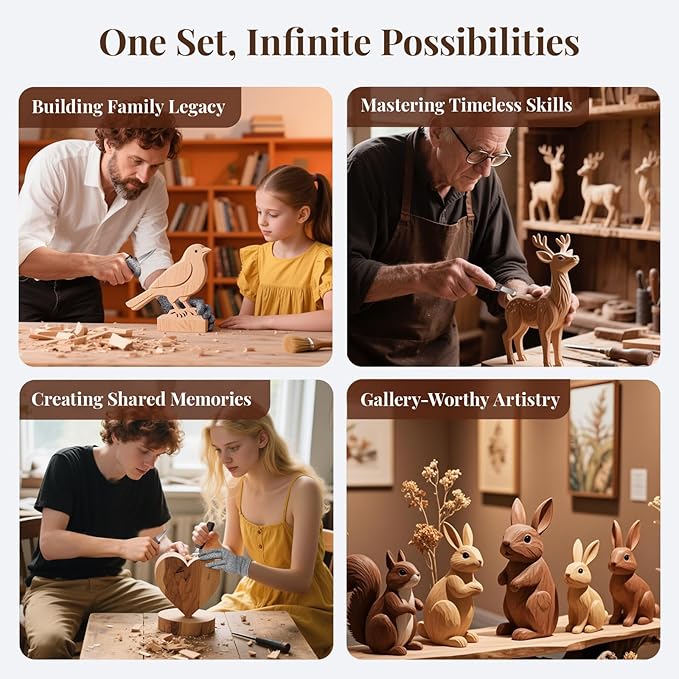 COZYGIFT Wood Carving Kit for Adults & Beginners - 31-Piece Set with 7 Whittling Knives & 6 Detail Gouges, 2 Pre-Carved Basswood Blocks, Leather Roll & Splinter-Free Handles for Woodworking & DIY Gift