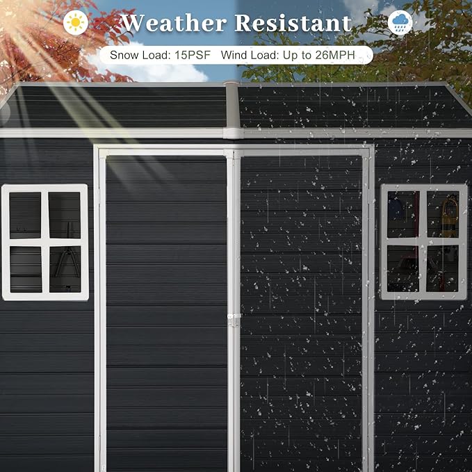 8x4ft Resin Outdoor Storage Shed with Floor and 2 Windows, Plastic Sheds & Outdoor Storage Clearance for Patio Furniture,GardenTools, Bike Accessories and Lawn Mower, Carbon Black