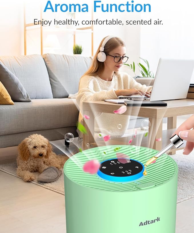Air Purifiers for Home Bedroom, ADTARK Air Cleaner with H14 True HEPA 3-in-1 Filter, Sleep Mode & Aroma Function, 3 Light Modes, Room Air Purifier with 3 Timer for Office, Dorm, Hotel (Green)