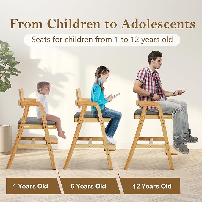 Solid Wood High Chair for Toddlers to Teens, Adjustable Height Toddler Dining Chair, Easy to Clean Toddler Highchair with Removable PU Cushion for Dining, Studying, Step Tool, Natural