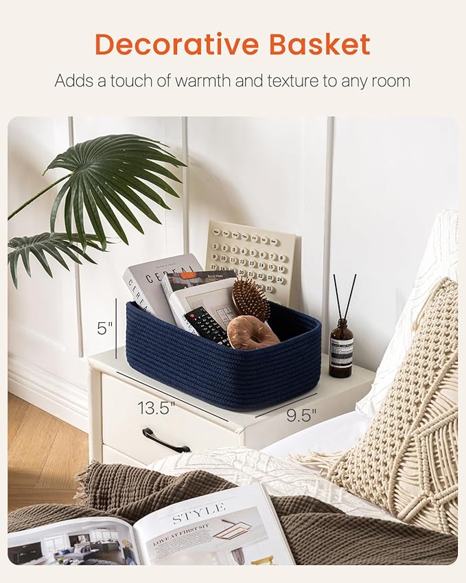 Small Woven Basket, 13.5 x 9.5 x 5 Inches, Storage Basket for Organizing, Cute Small Rope Shelf Closet Cube Storage Bins Baskets for Shelves, Dog Toy Gift Baskets Empty, 3 Packs, Navy Blue