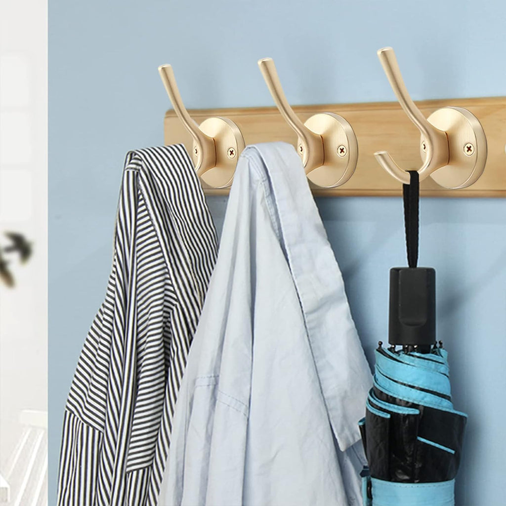 Gold Wall Hooks, 5 Pack Coat Robe Hook Heavy Duty Metal Double Bath Hook Wall Mounted, Hand Towel Hooks for Cubicle Bathroom Kitchen Closet Garage