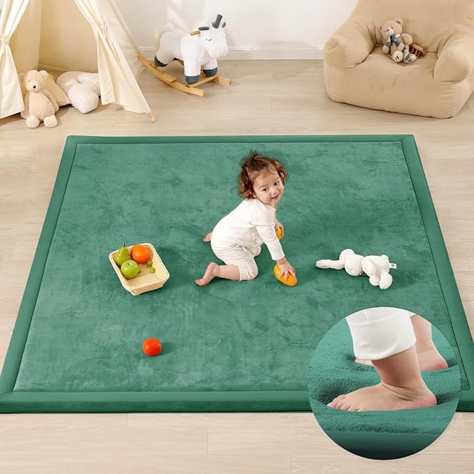 Ultra Soft Baby Play Mat,71"×79" Extra Large Activity Tummy Time Mat for Toddlers,Infants,Kids,1.3" Thick Elasti-Foam Nursery Rug for Floor,Non-Slip Safe for Crawling,Water-Repellent(Emerald)