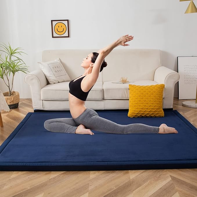 MAXYOYO Coral Velvet Area Rug, Thick Japanese Tatami Mat Living Room Carpet with Non-Slip Backing, Large Solid Color Mat for Bedroom Dormitory Yoga, Navy, 59 by 78 inch