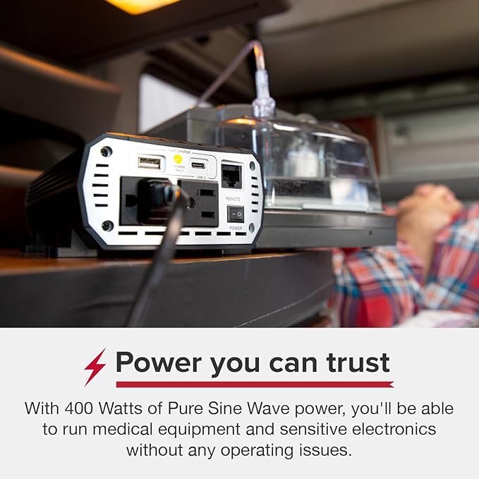 Cobra CPI400PSW Pure Sine Portable Power Inverter with Compatible Cobra CPIALCDG1 Remote Controller: 2 Grounded AC Outlets, 2 Fast Charge USB Ports, Remote On/Off, 4 Mounting Options, Black