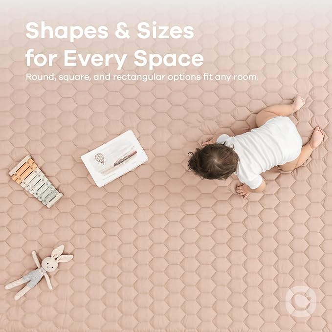 Comfy Cubs Square Kids Play Mat - 56 x 56 inches Soft Quilted Baby Floor Mat with Non-Slip Bottom - Plush Design for Toddlers' Playtime and Relaxation - Comfortable and Durable - Blush