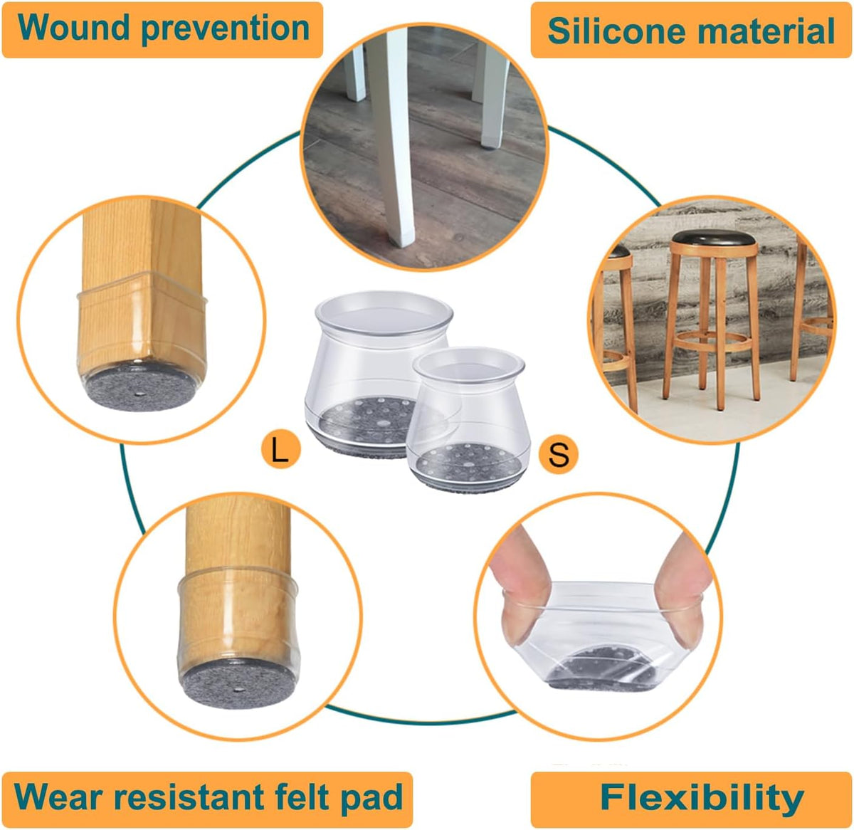 32 Pcs Chair Leg Protectors for Hardwood Floors, OASMU Silicone Felt Furniture Pads for Scratch and Noise Prevention, Smooth Moving (Small Fit: 0.9'' - 1.29'')
