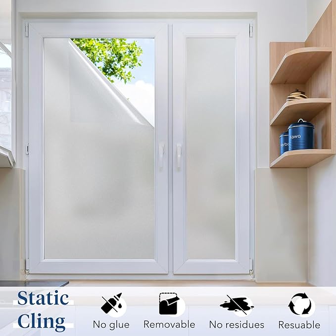 Haton Window Privacy Film Frosted Glass for Bathroom, Static Cling UV Sun Blocking Window Clings, Opaque Decorative Coverings Removable Sticker Heat Control Tint for Home Door, Pure 23.6" x 118.1"