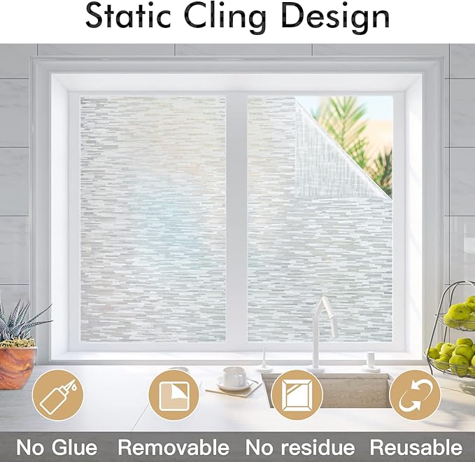 Haton Window Privacy Film, Frosted Glass Static Cling Sun Heat Blocking Window Clings, Frosting Opaque Coverings, Vinyl Removable Stickers Tint for Home Door Office, Non Adhesive 17.5" x 157.4"