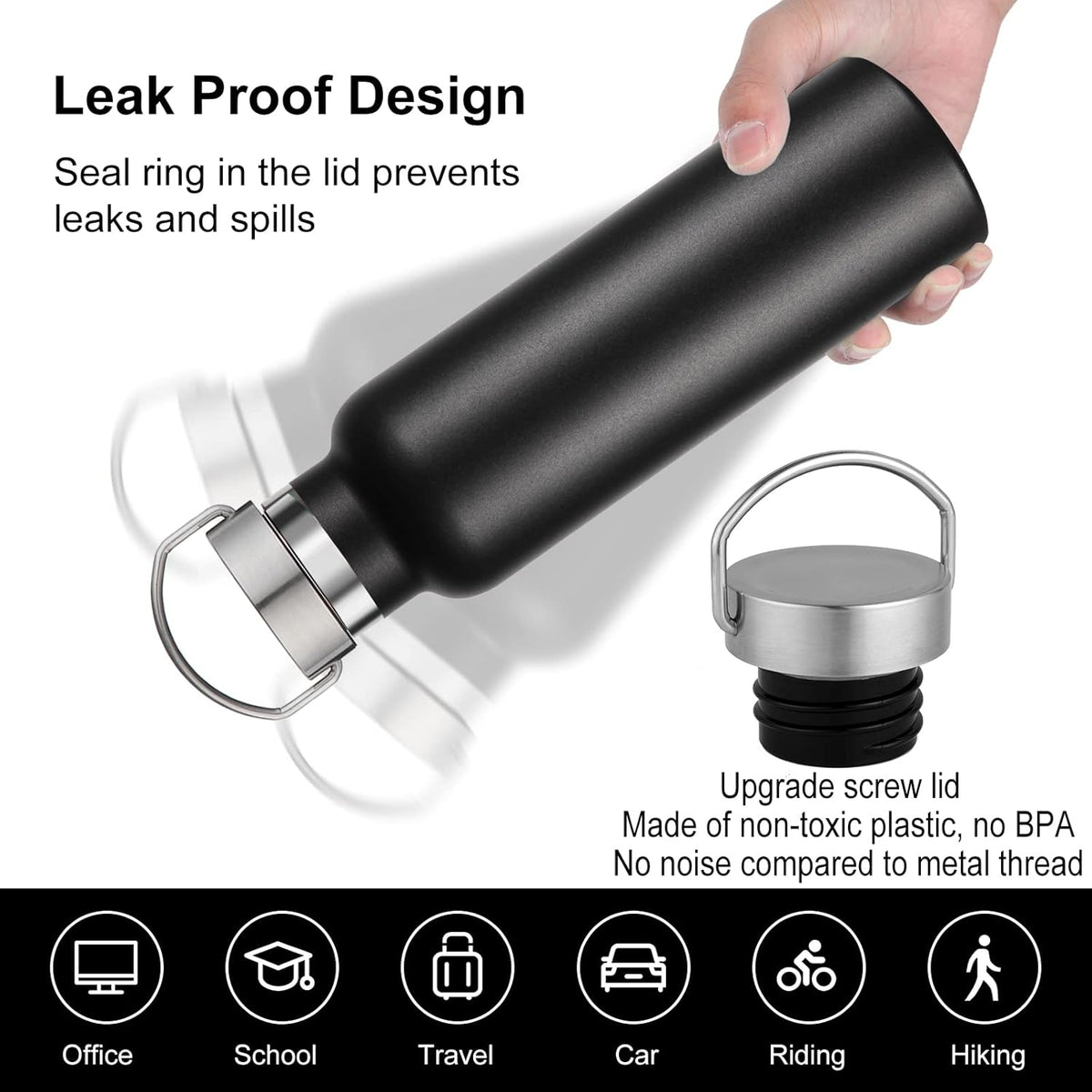 Neihepal 20 oz Insulated Water Bottles Bulk 4 Pack,Stainless Steel Double Wall Sport Bottle with Lid of Handle,Metal Reusable Thermoses Flask with Cup Cap for School,Hikers,Gift (Black,Set of 4)