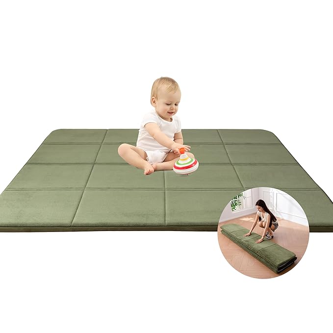 MAXYOYO 1.2" Thick Baby Play Mat for Floor, 36"x60" Foldable Playpen Mat, Tummy Time Foam Mats Ultra Soft Support, Padded Carpet with Non-Slip Backing for Infant,Kids and Toddler Crawling, Green