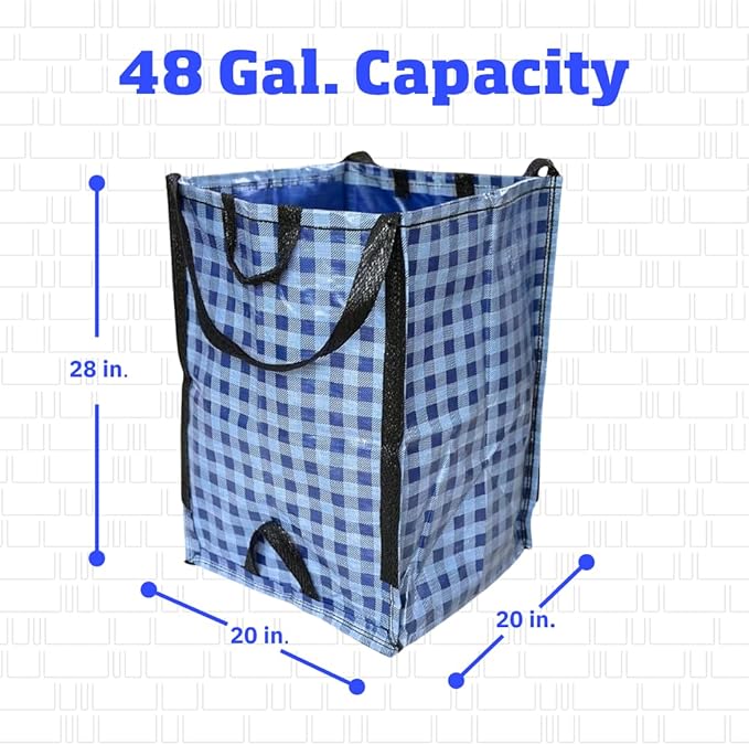 DURASACK Heavy Duty Home and Yard Bags 48-Gallon Reusable Self-Standing Lawn and Leaf Bags Garbage Can with Reinforced Handles, Gingham Blue, 3 Pack