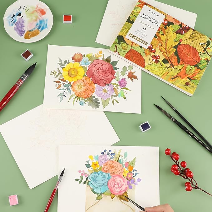 Grabie Watercolor Coloring Book, 15 Sheets A5 (8.3 x 5.8),Watercolor Book for Adults: Ignite Your Artistic Expression on 100% Cotton Paper (Autumn-Themed)