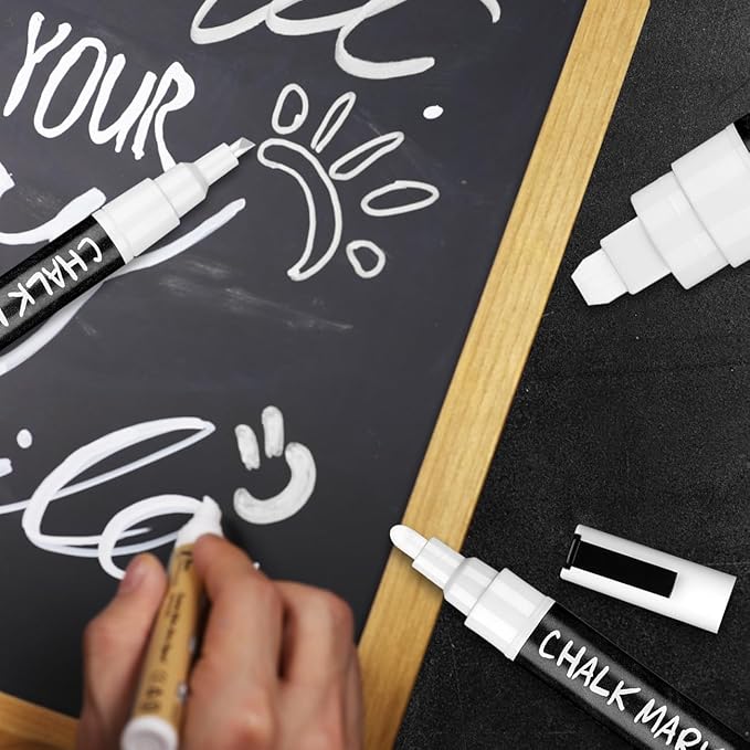 GAINWELL White Liquid Chalk Markers Erasable 4-Pack, Reversible Tip (3mm/6mm/10mm/15mm), Erasable Chalk Pens for Blackboard, Window, Glass, Chalkboard, Bistro, Loved by Teachers, Artists, Businesses