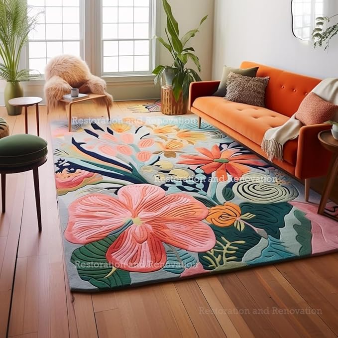Handmade Wool Floral Area Rug for Living Room | Elegant Flower Garden Design, Soft, Thick and Durable | Bedroom, Dining Room & Home Decor Carpet (8' x 10', Floral D)