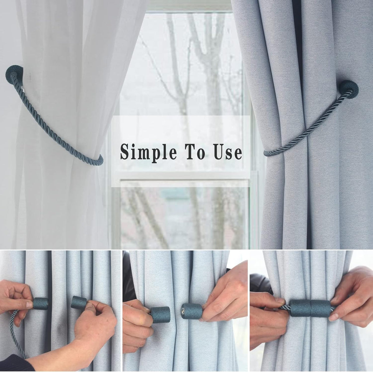 Magnetic Curtain Tiebacks 4 Pack Blue Curtain Rope Tieback Curtain Holders for Drapes Modern Tie Backs Decorative Curtain Holdbacks