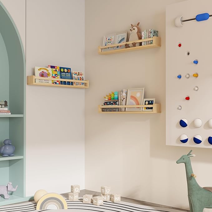 Heimlove 32 Inch Nursery Floating Shelves, Wood Nursery Book Shelves for Wall, Wall Bookshelf for Kids Solid Wood Wall Mounted Shelves for Books,Toys and Decor Storage, Set of 2