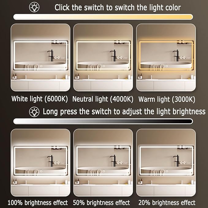 Backlit LED Illuminated Bathroom Mirror with LED Lights, Lighted Bathroom Makeup Wall Mounted Mirror with Demister Pad, Sensor Touch Switch, Horizontal/Vertical(A,H40*W60CM/H15.7*W23.6IN)