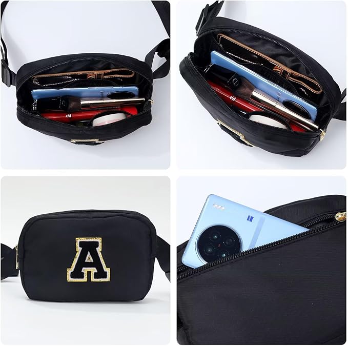 YOOLIFE Initial Belt Bag - Crossbody Bags Women - Fanny Packs for Women Cross Body Bag Black Fashion Waist Packs Travel Everywhere Belt Bag Monogram Crossbody Bag U