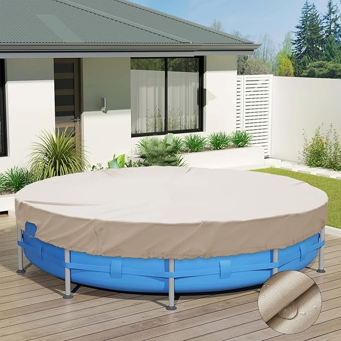 ECOOPTS 19 ft Waterproof Round Polyester Pool Cover for Above Ground Pools, Swimming Pool Cover Protector Winter Safety Cover (Beige)