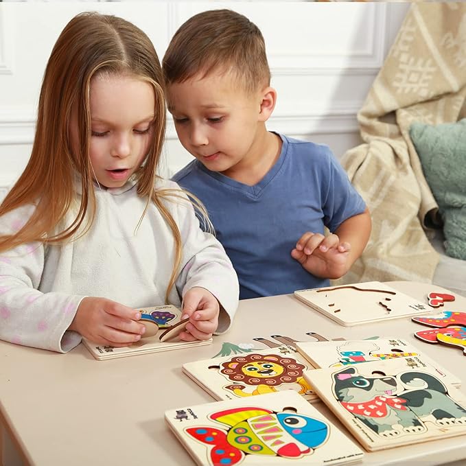 QUOKKA Wooden Puzzles for Toddlers 3-4 - 6XSET Toddler Puzzles Ages 3-4 - Wood Learning Montessori Toys 3-5 Year Old - Preschool Animal Travel Game Gift for Boys & Girls