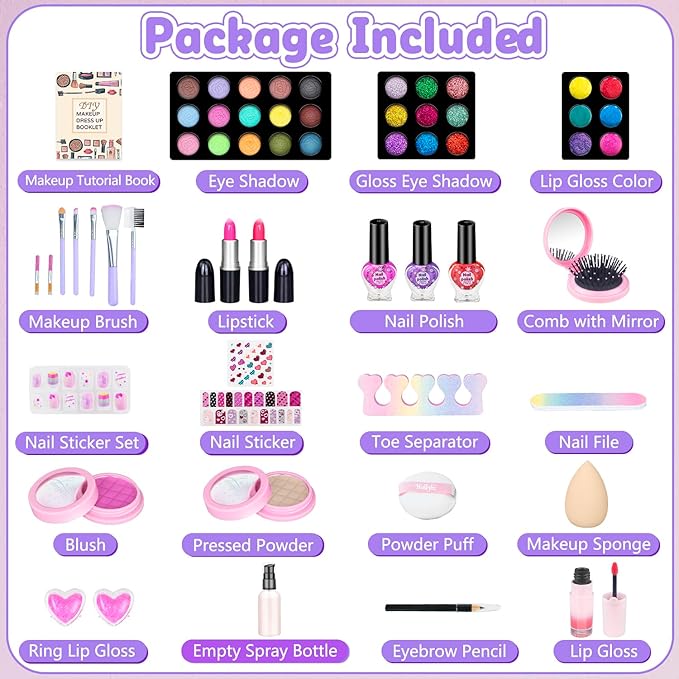 Hollyhi 59Pcs Kids Makeup Kit for Girl, Washable Play Makeup Toys Set for Dress Up, Beauty Vanity Set with Cosmetic Case Birthday Toys for Girls 3 4 5 6 7 8 9 10 11 12 Year Old Kids Toddlers (Purple)