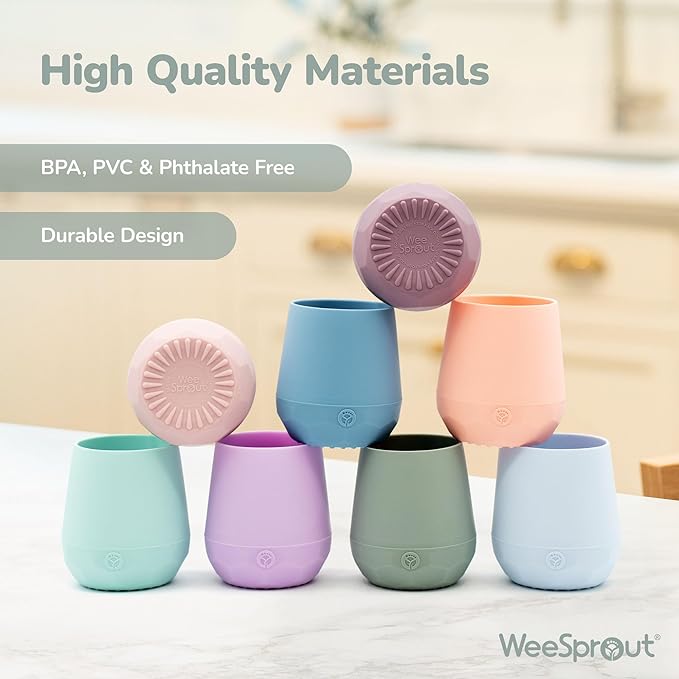 WeeSprout Silicone Baby Training Cups - Set of 2 Soft Silicone Cups - 2 oz Open Cup for Baby 6+ Months - Non-Slip Grip, Weighted Base - Gentle on Gums & Teeth (Matte Pink & Matte Purple)