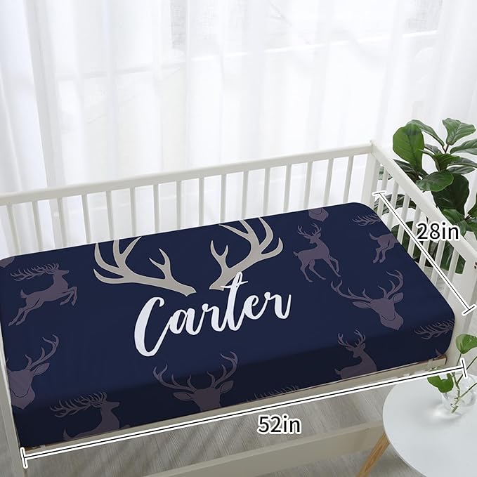 Personalized Baby Crib Bedding Set, 5-Piece Navy Deer Design Baby Crib Sets with Custom Name, Toddler Double Layer Blanket Fitted Sheets Changing Pad Cover Rug Wall Art Set, Charming Nursery Decor